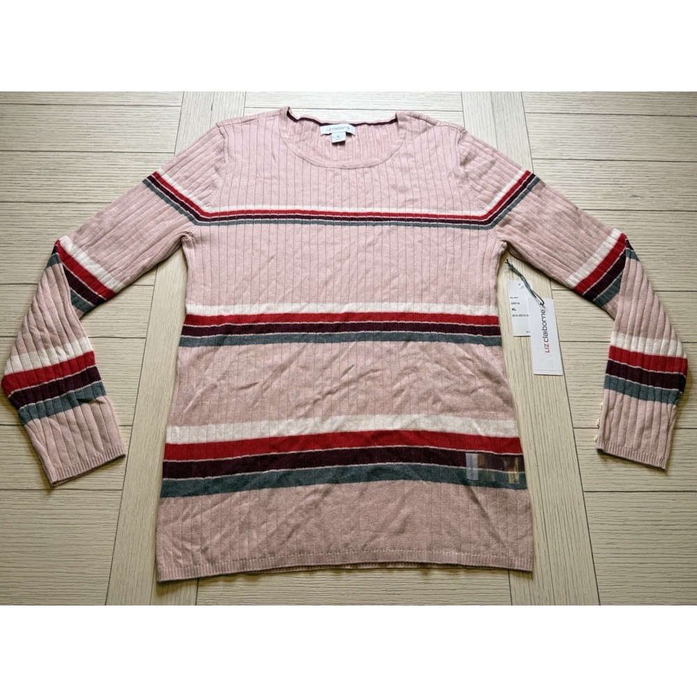 NWT Liz Claiborne Pink Striped Knit‎ Ribbed Women's Sz XL Long Sleeve Sweater